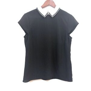 CECE Black Blouse Scallop Trim Contrast Collar Size Small